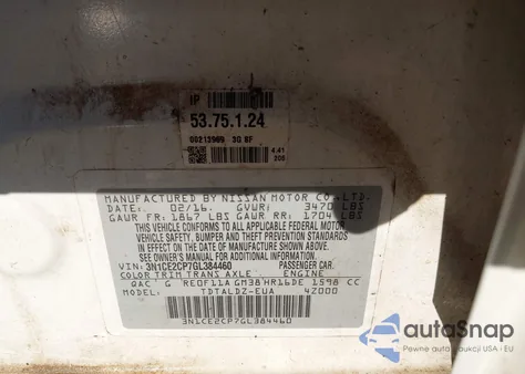 2016 Nissan Versa Note S (Sr)/S Plus/Sl/Sr/Sv z USA, uszkodzony, nr VIN 3N1CE2CP7GL384460